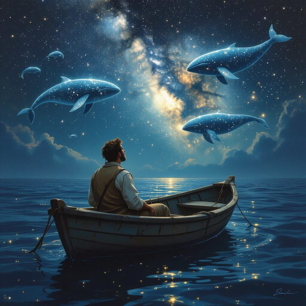 Celestial Whales Guide Sailor on Starry Ocean