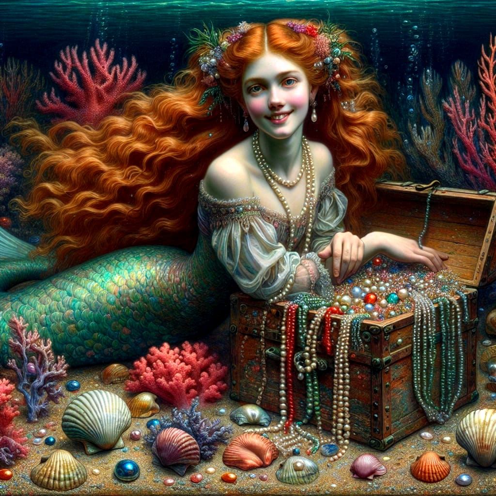 Ginger Haired Mermaid in Underwater Grotto