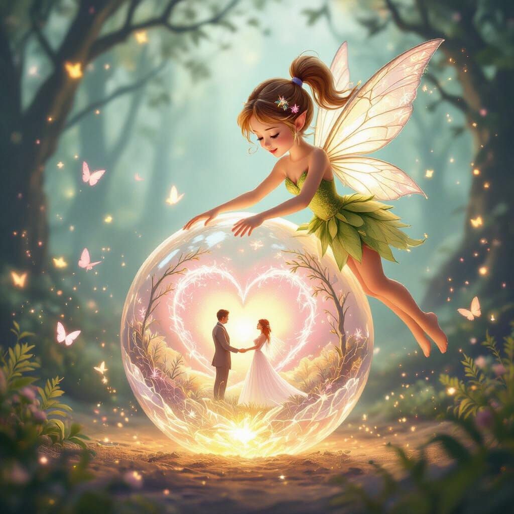 Luminous Fairy Over Crystal Ball in Enchanted Forest