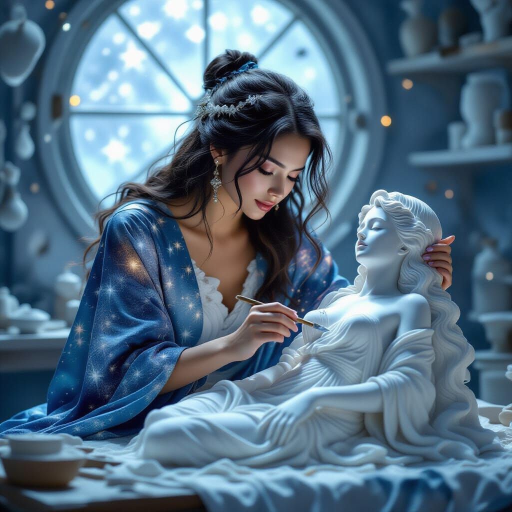 Celestial Sculptor Carving Goddess Statue in Ethereal Style