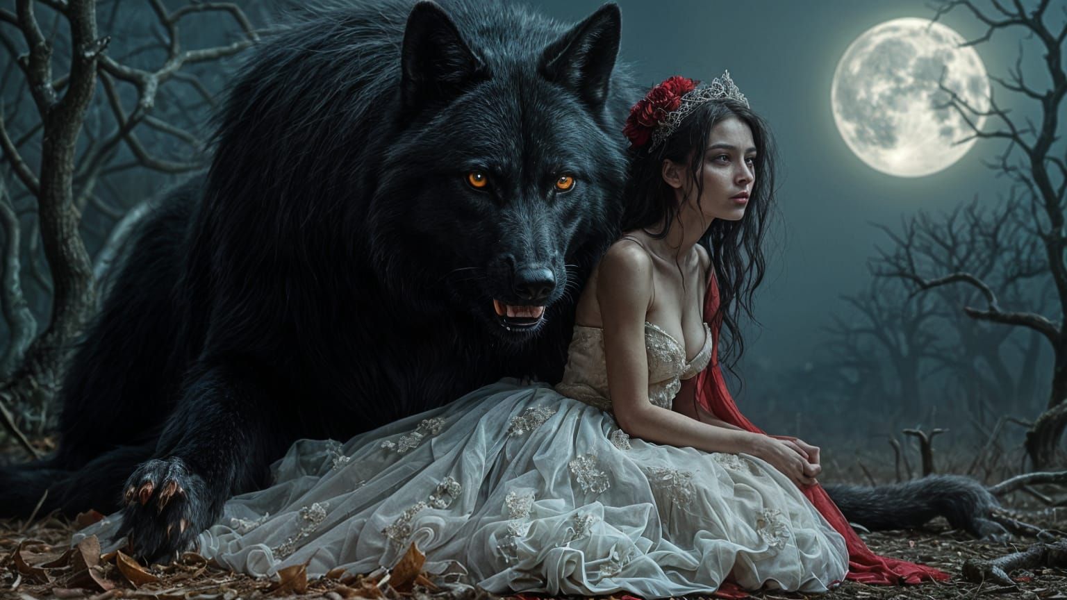 Tragic Gothic Horror Bride Confronts Obsidian Wolf in Moonli...