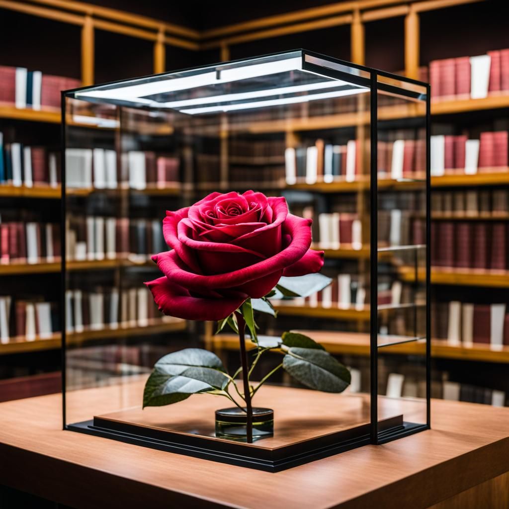 Rose in Glass Case Inside a Library