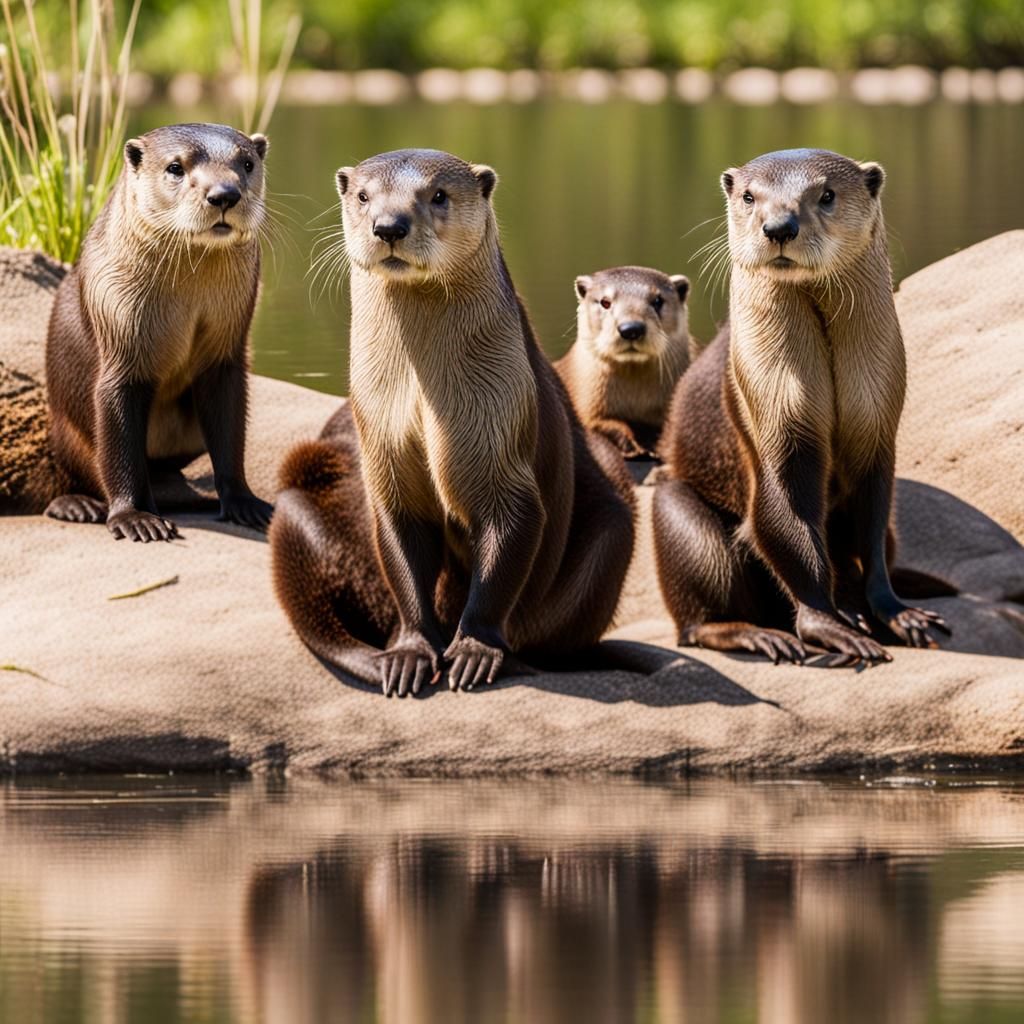 River Otters Lounging on a Sunny Riverbank