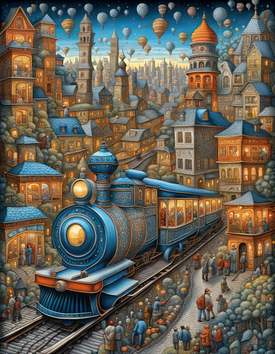 Escher-Inspired Train in Surreal Cityscape