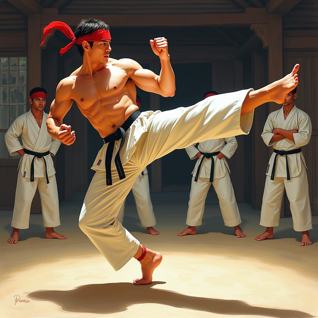 Karate Instructor Mid-Kick in Comic Book Style
