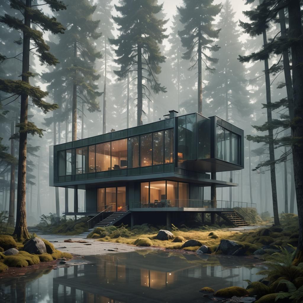 Minimalist Retreat House in Misty Forest: Digital Matte Pain...