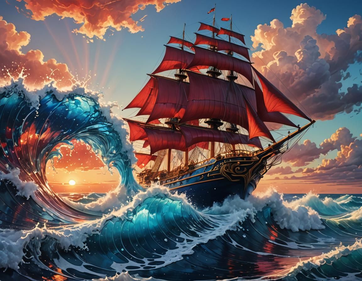 Crystal Wave Lifts Sailing Ship in Art Deco Style