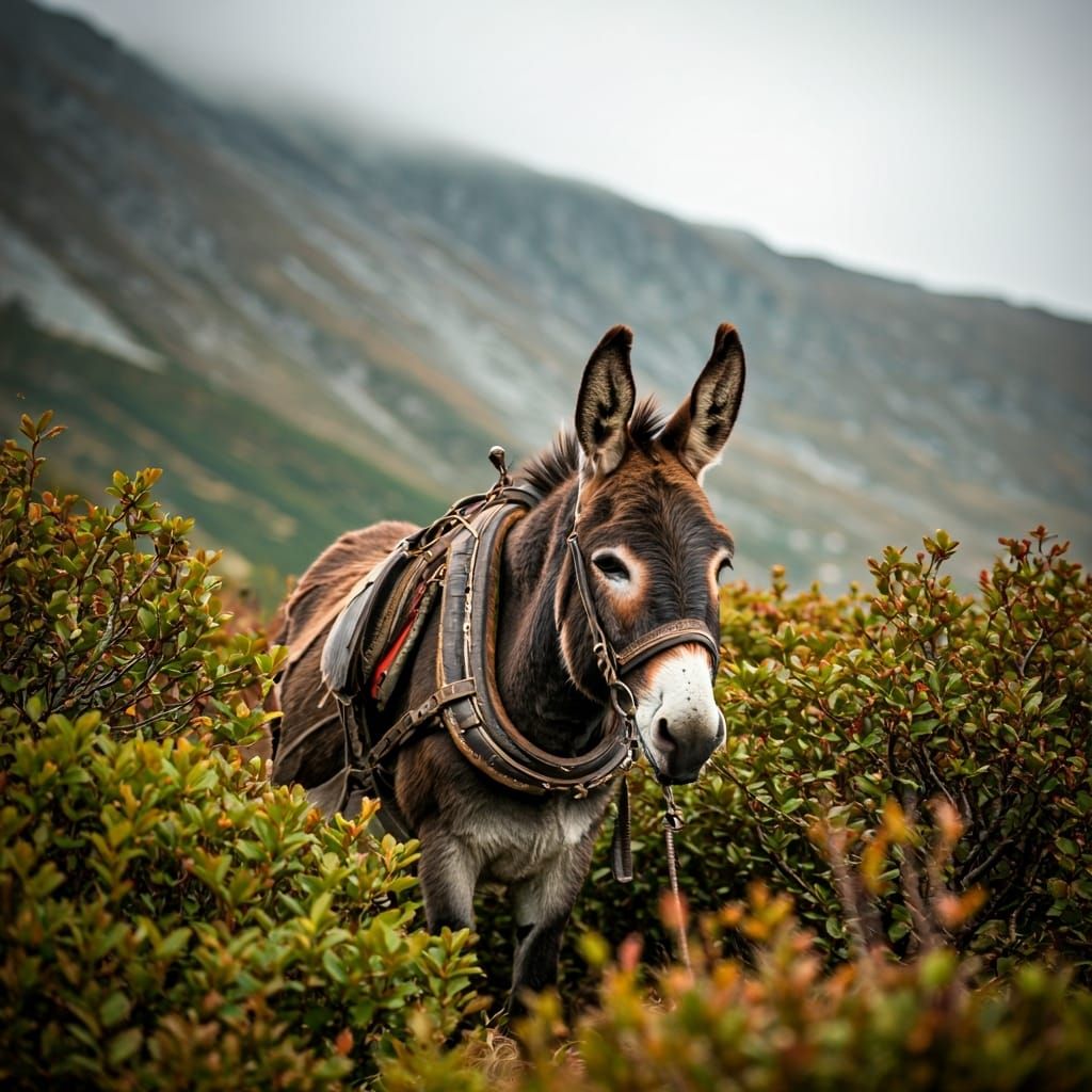Donkey in Mountain Landscape, Photorealistic Style