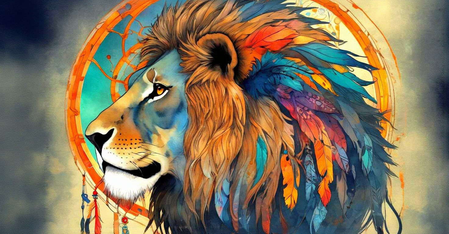 Vibrant Watercolor Lion Portrait with Dreamcatcher Mane