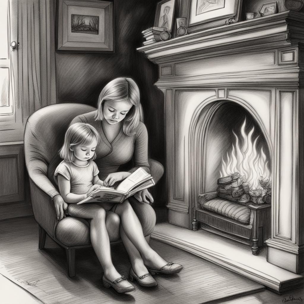 Businesswoman Reading to Toddler: Charcoal Drawing