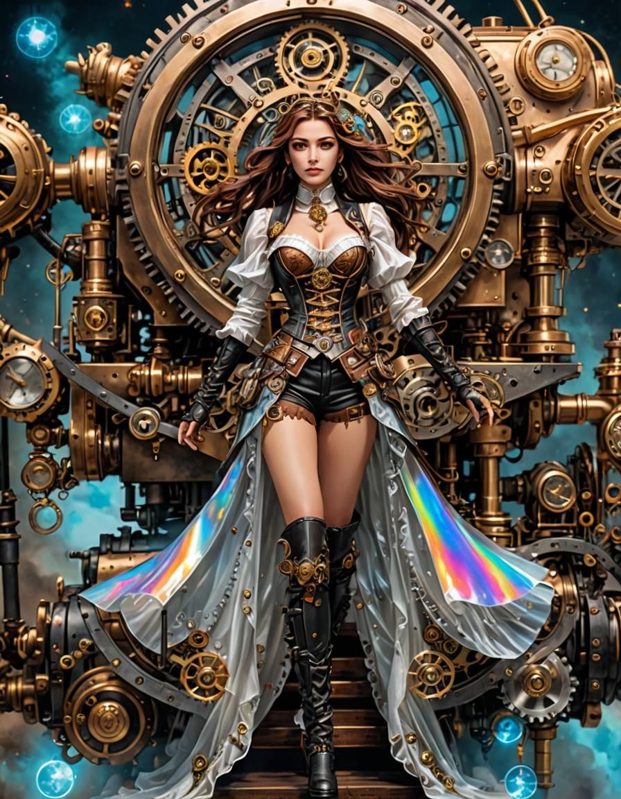 Rainbow Dragon Girl with Metal Skeleton in Manga Style