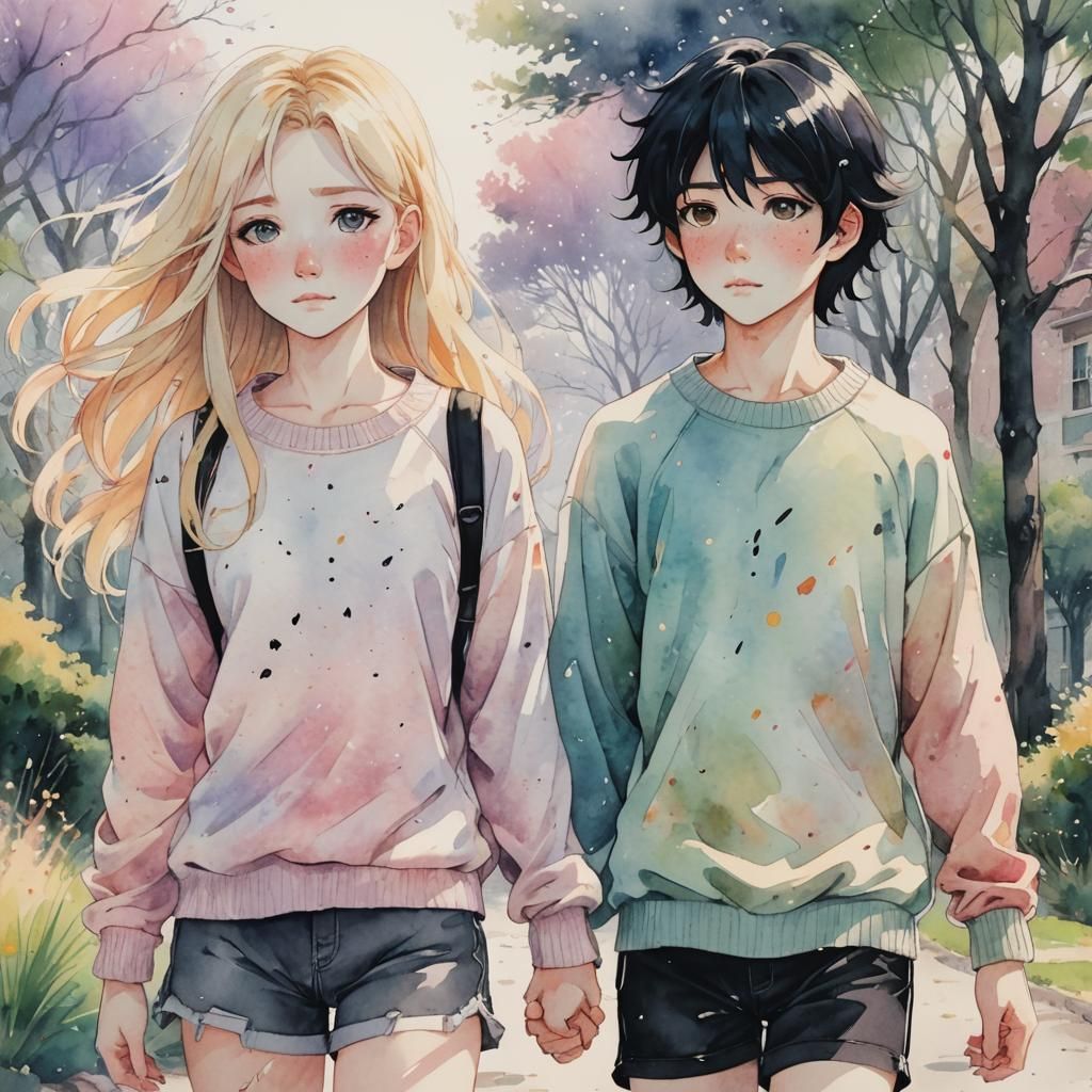 Anime Boy and Girl Holding Hands in Sunlight