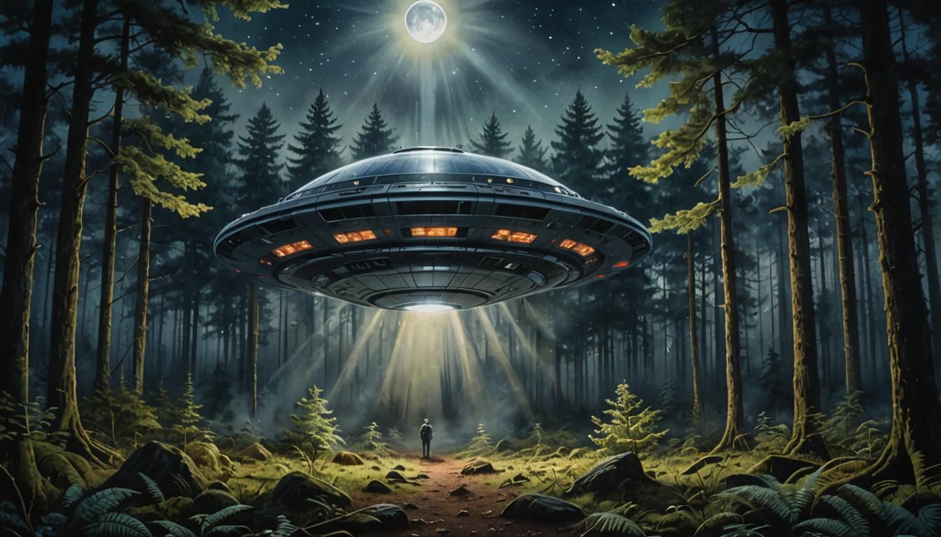 UFO Landing in Forest: Watercolour with Surreal Elements