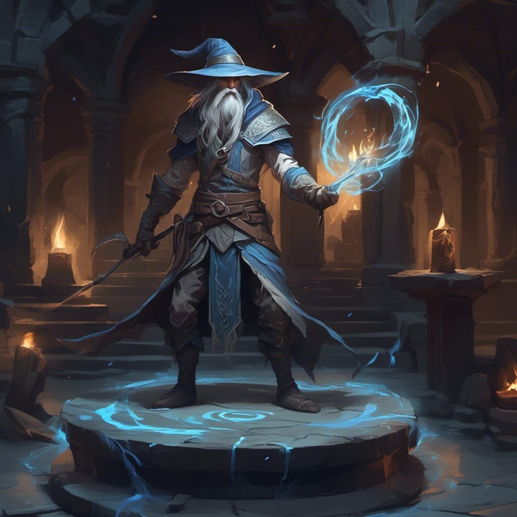 Elf Mage in Ancient Temple with Magic Runes