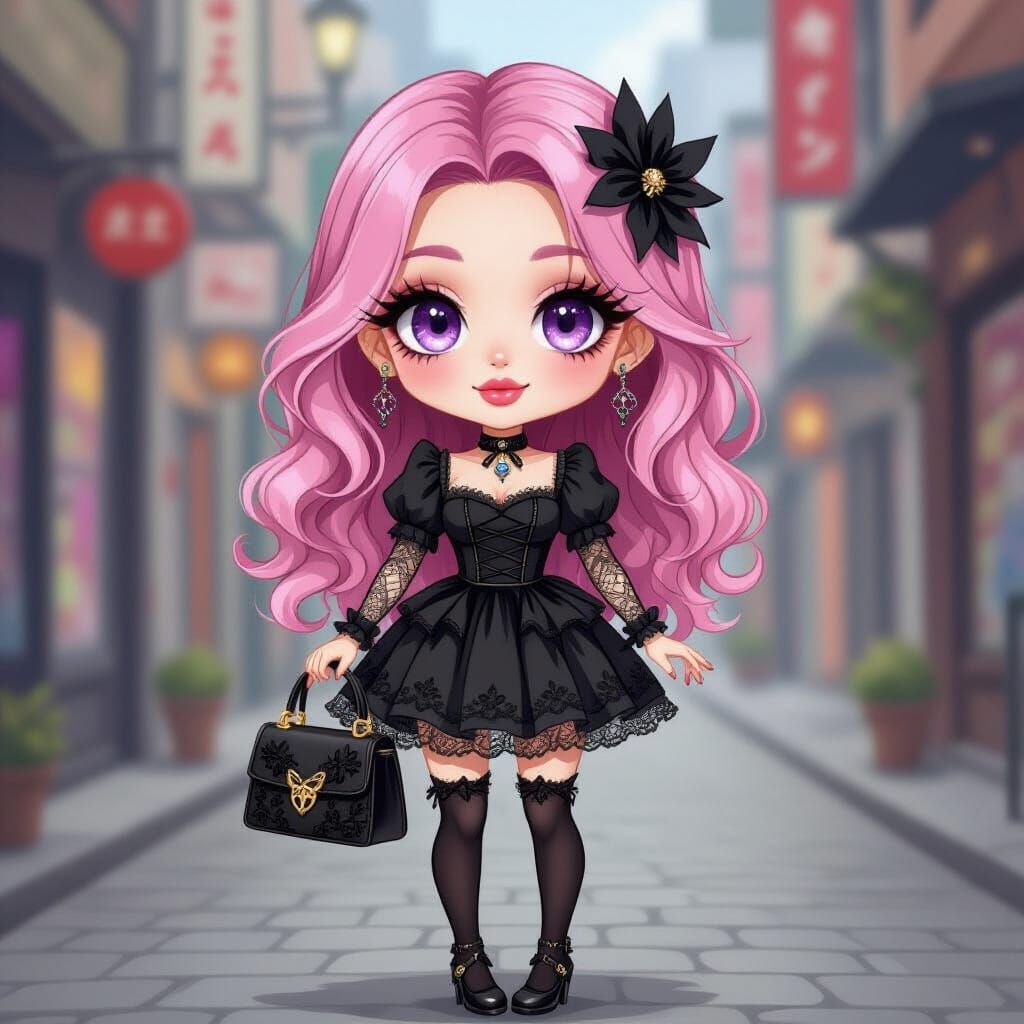 Chibi Gothic Woman with Pink Hair in Harajuku Style
