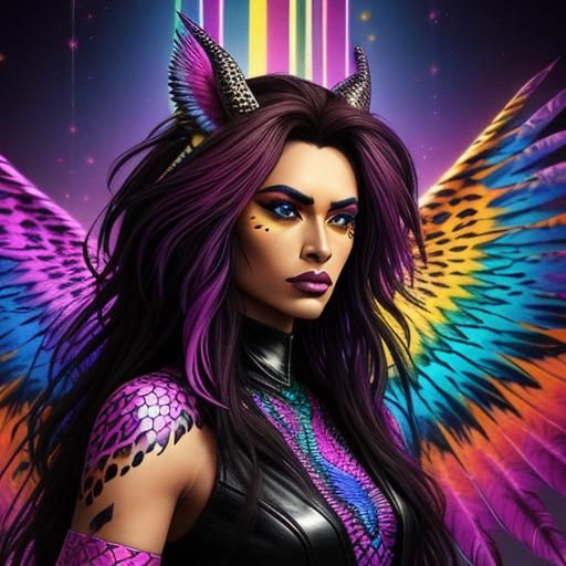 Woman with Dragon Scales in Synthwave Style