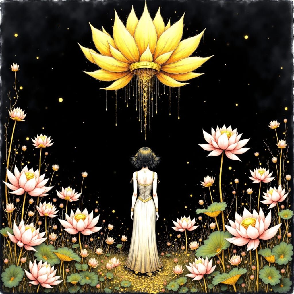 Whimsical Lotus Garden with Gold Chandelier