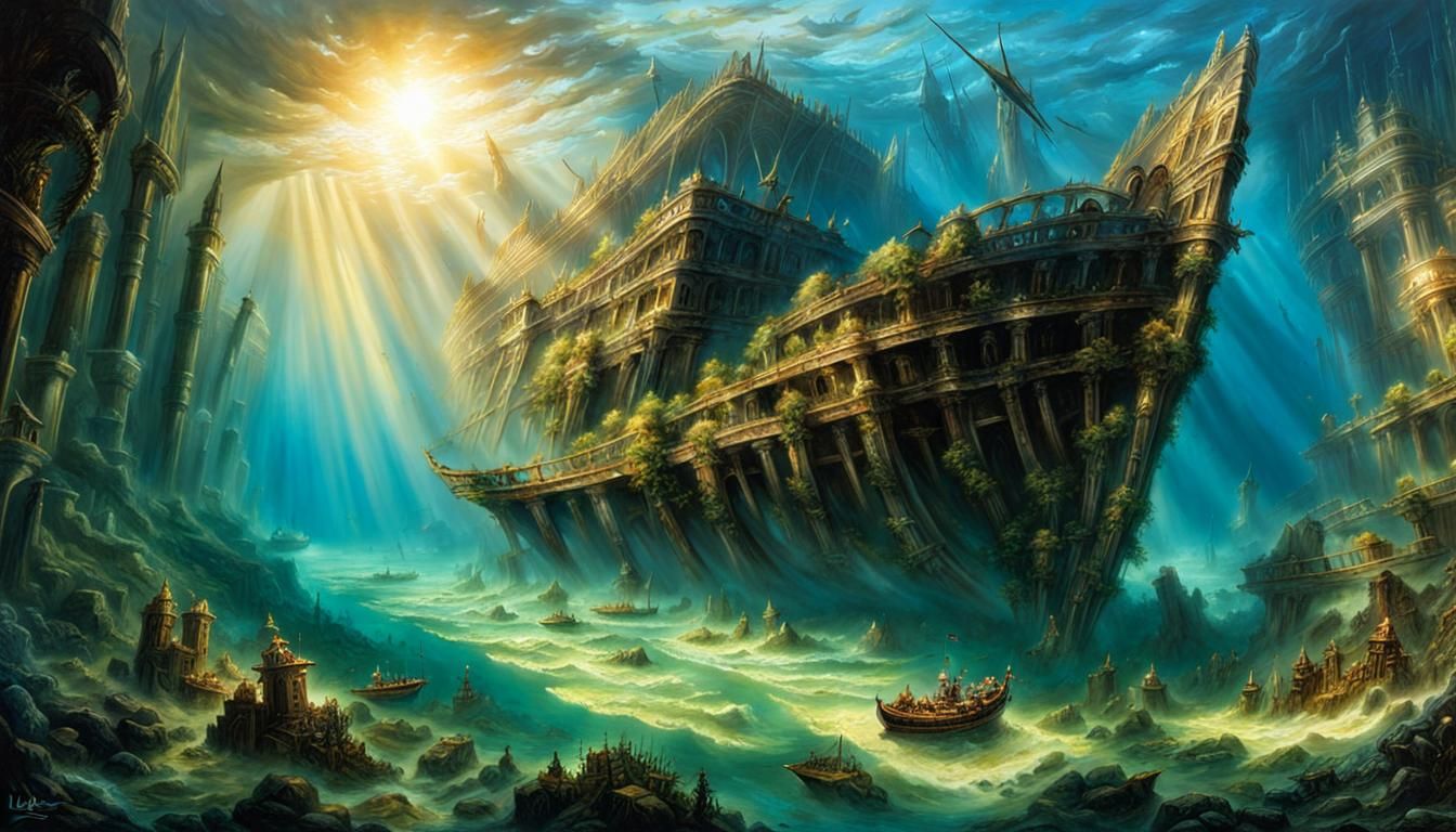 Atlantis Shipwrecks: Detailed Underwater Oil Painting