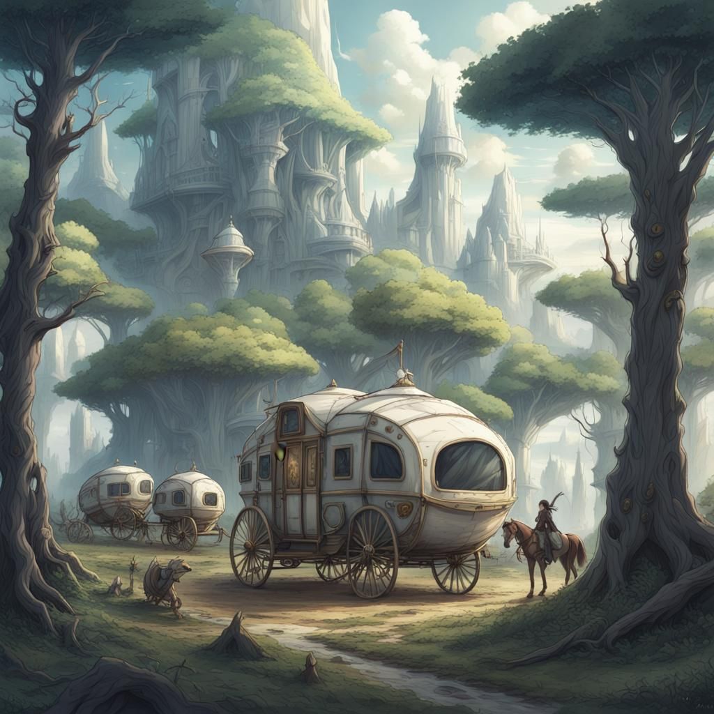 Alien Forest Caravan Camp in Anime Style