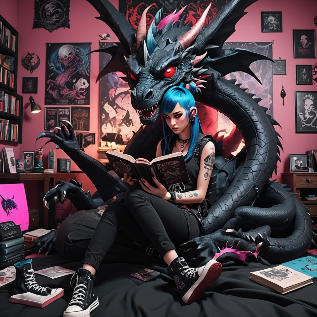 Gothic Girl Reading with Dragon, 3D Game Cinematic