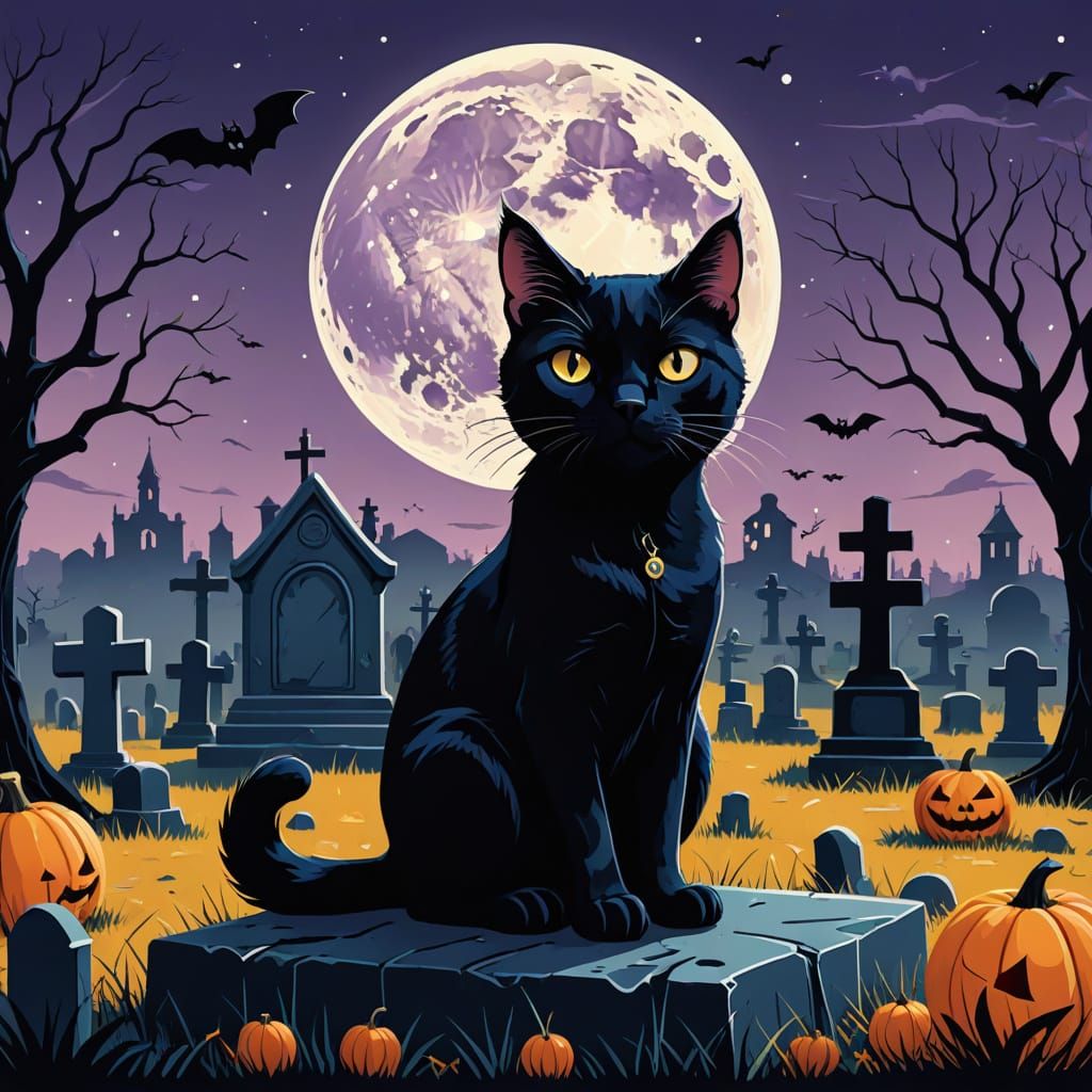 Cute Black Cat in Graveyard Vector Illustration