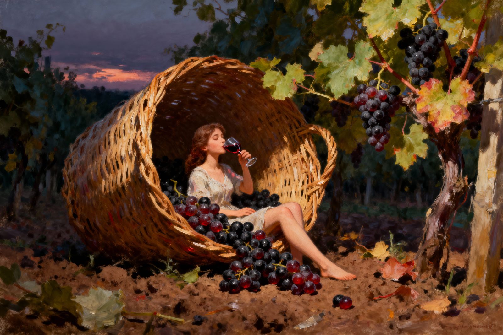 Vineyard Serenity: Woman Enjoys Wine Amidst Grapes