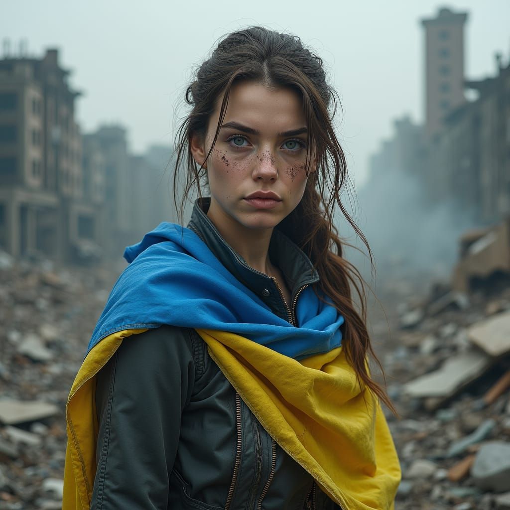 Ukrainian Woman Stands Tall in Devastated Cityscape