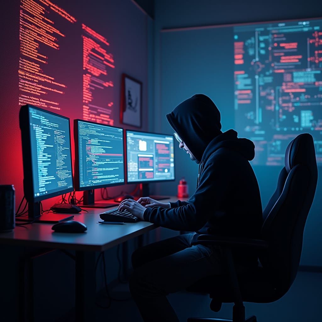 Hacker in Neon-Lit Room, Futuristic Concept Art
