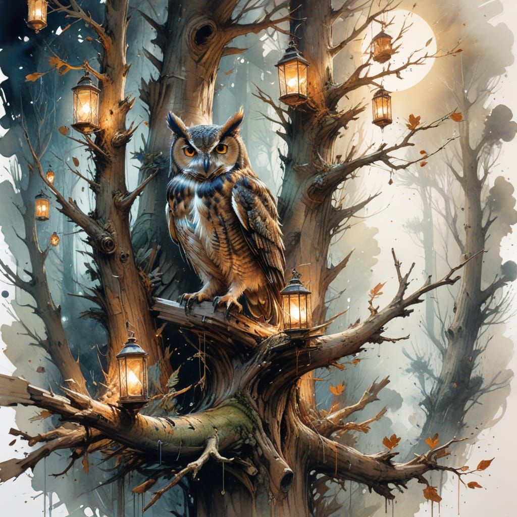 Owl's Moonlit Library in Ancient Oak, Watercolor Art