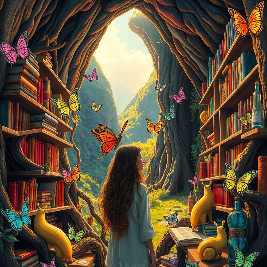 Dreamlike Library Amidst a Cave of Wonder