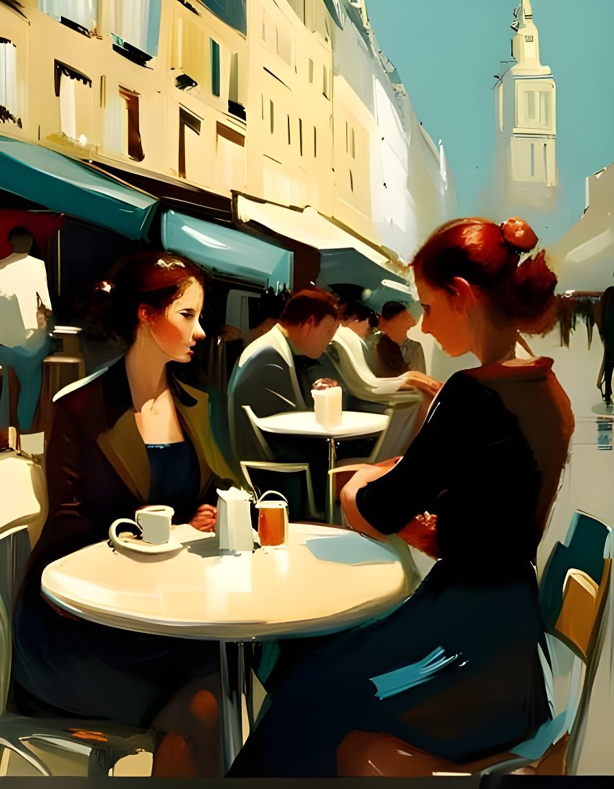 Parisian Cafe Oil Painting with Ink Drips