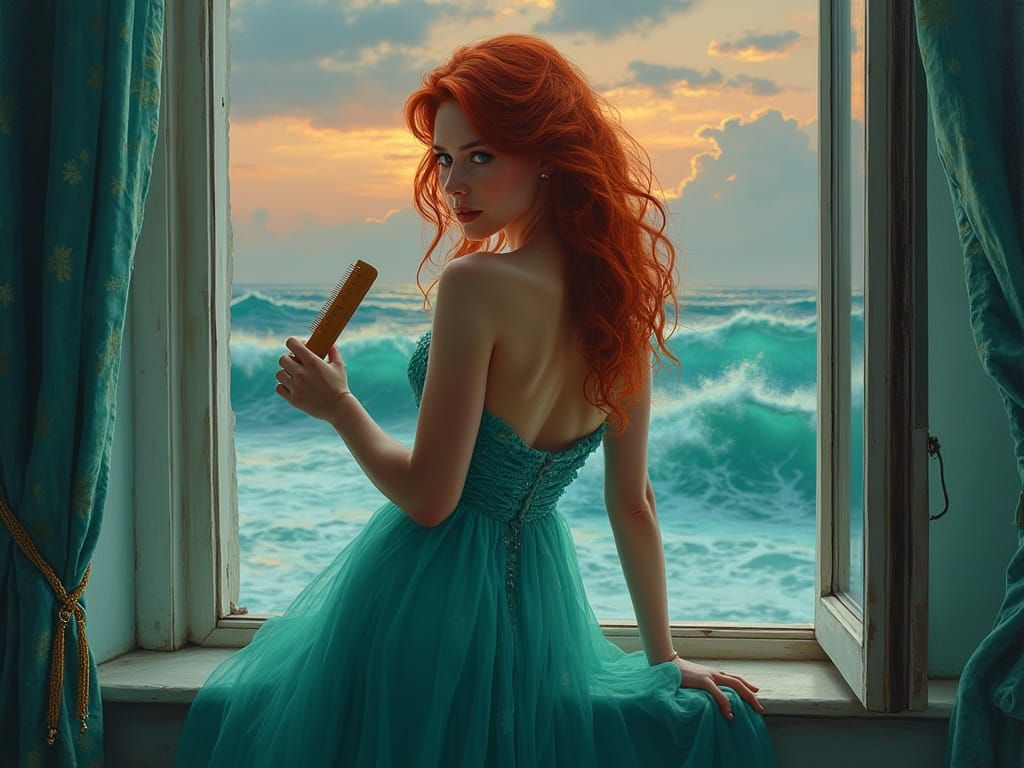 Princess Combing Hair by Window in Opulent Oil Painting Styl...