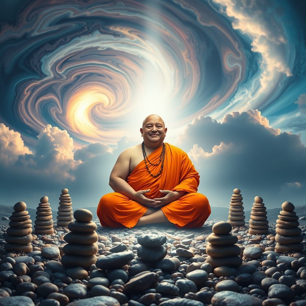 Meditating Monk Surrounded by Pebble Stacks Under Psychedeli...