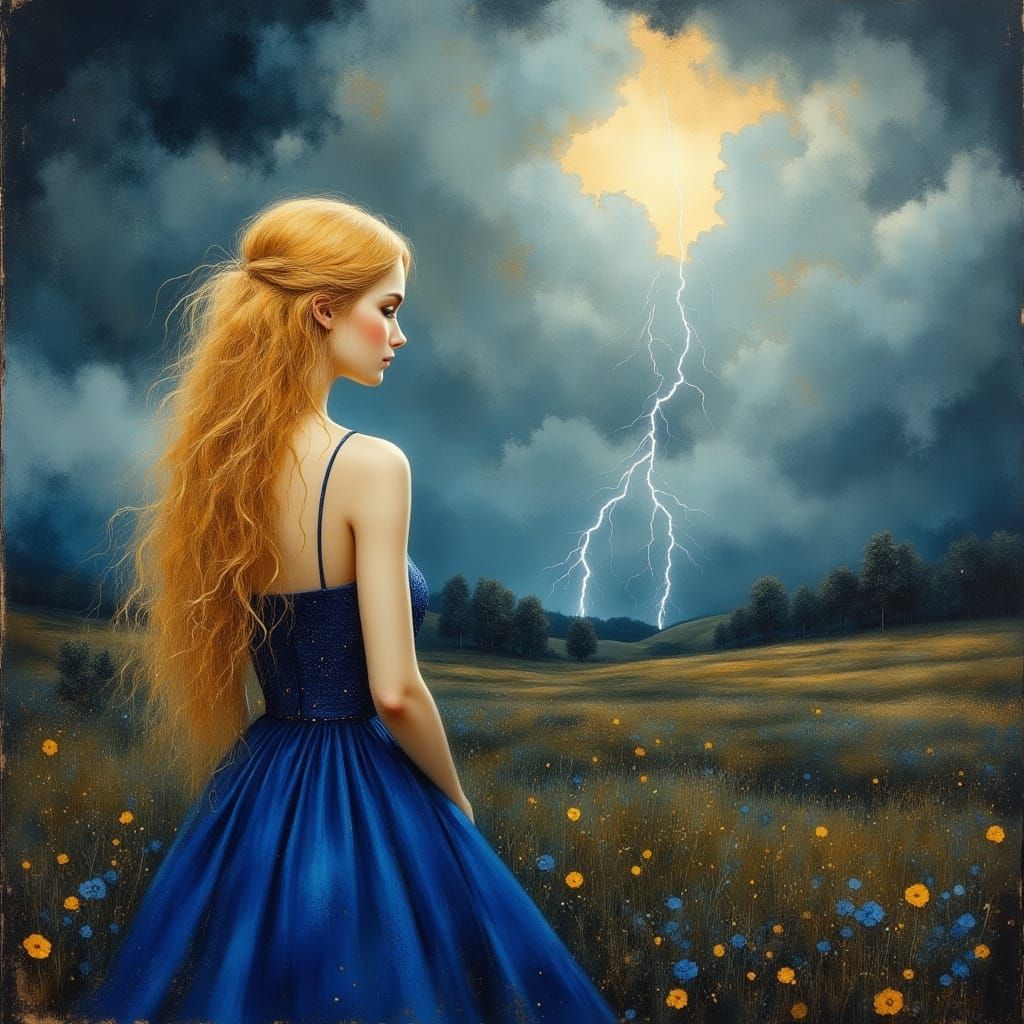 Stormy Elegance: Young Lady in Art Nouveau Style