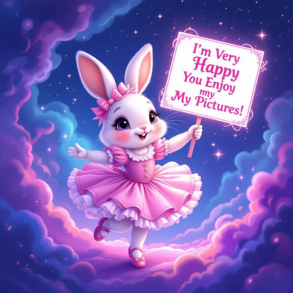 Magical Bunny Twirling in Nebula with Sparkling Sign