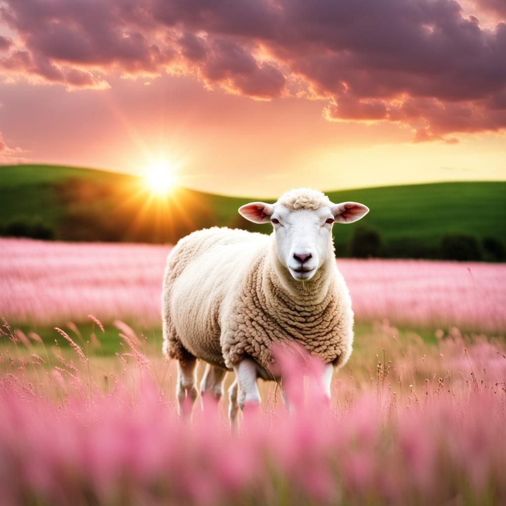 Sheep Grazing in Sunset Field with Pink Clouds