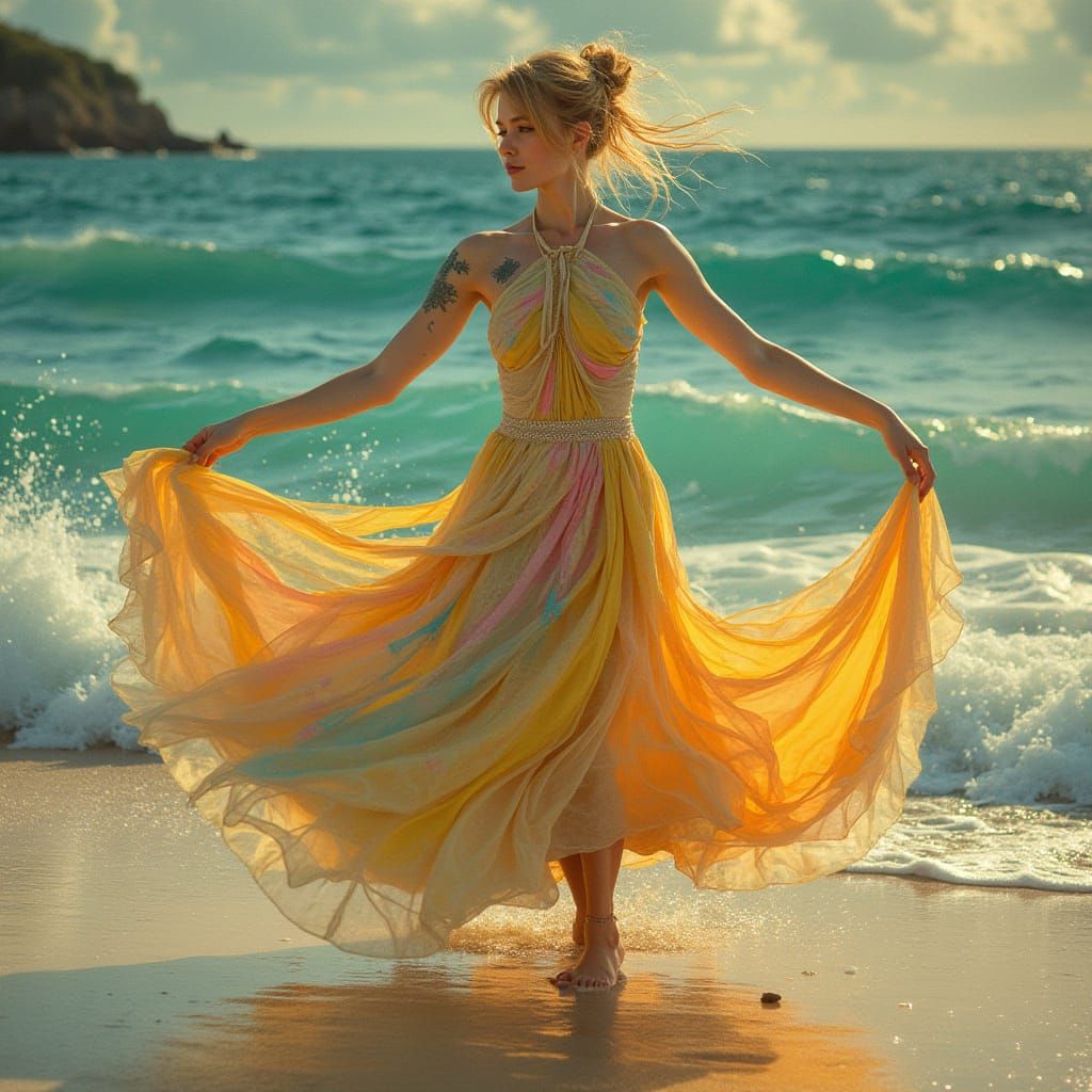 Graceful Woman Dancing on Beach in Art Nouveau Style