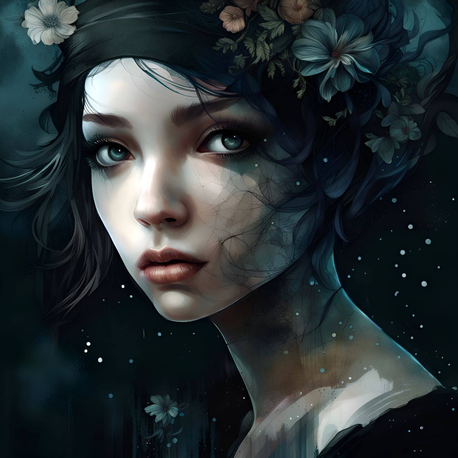 Moody Girl in Black: Hyper Detailed Digital Painting