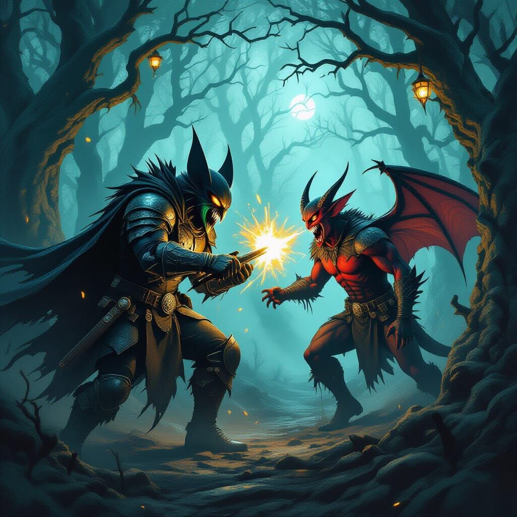 Mothman vs Jersey Devil in Dark Fantasy Style