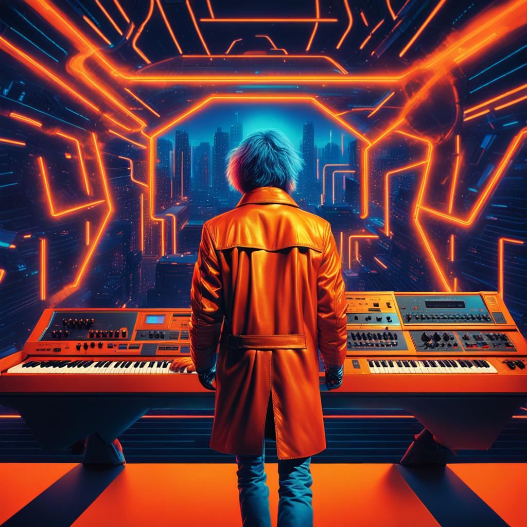 Cyberpunk Album Cover Art with Synthesizer Musician