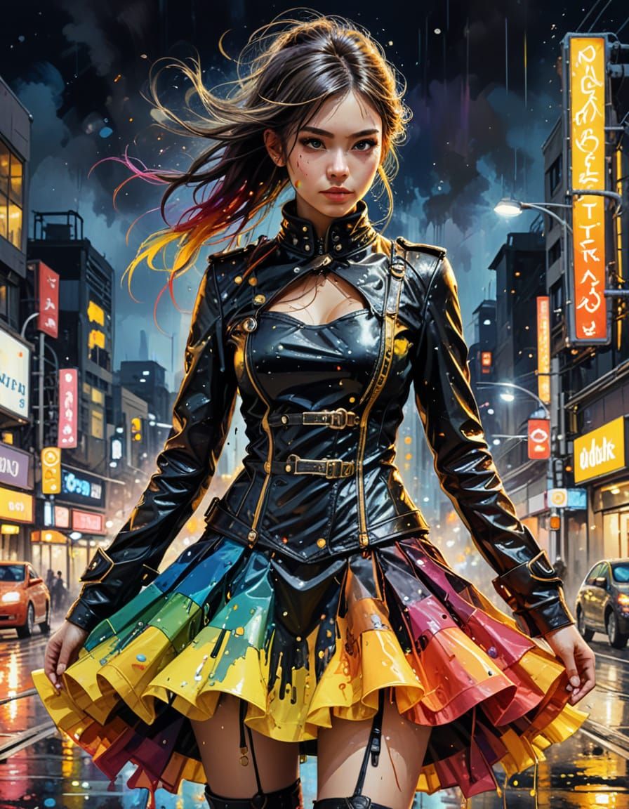 Steampunk Biker in Liquid Rainbow Dress