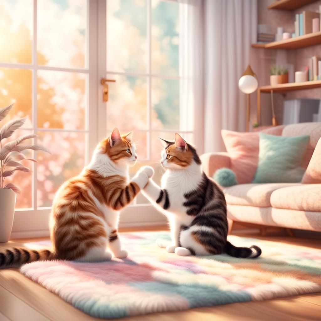 Two Cats Play Together: Whimsical Digital Illustration