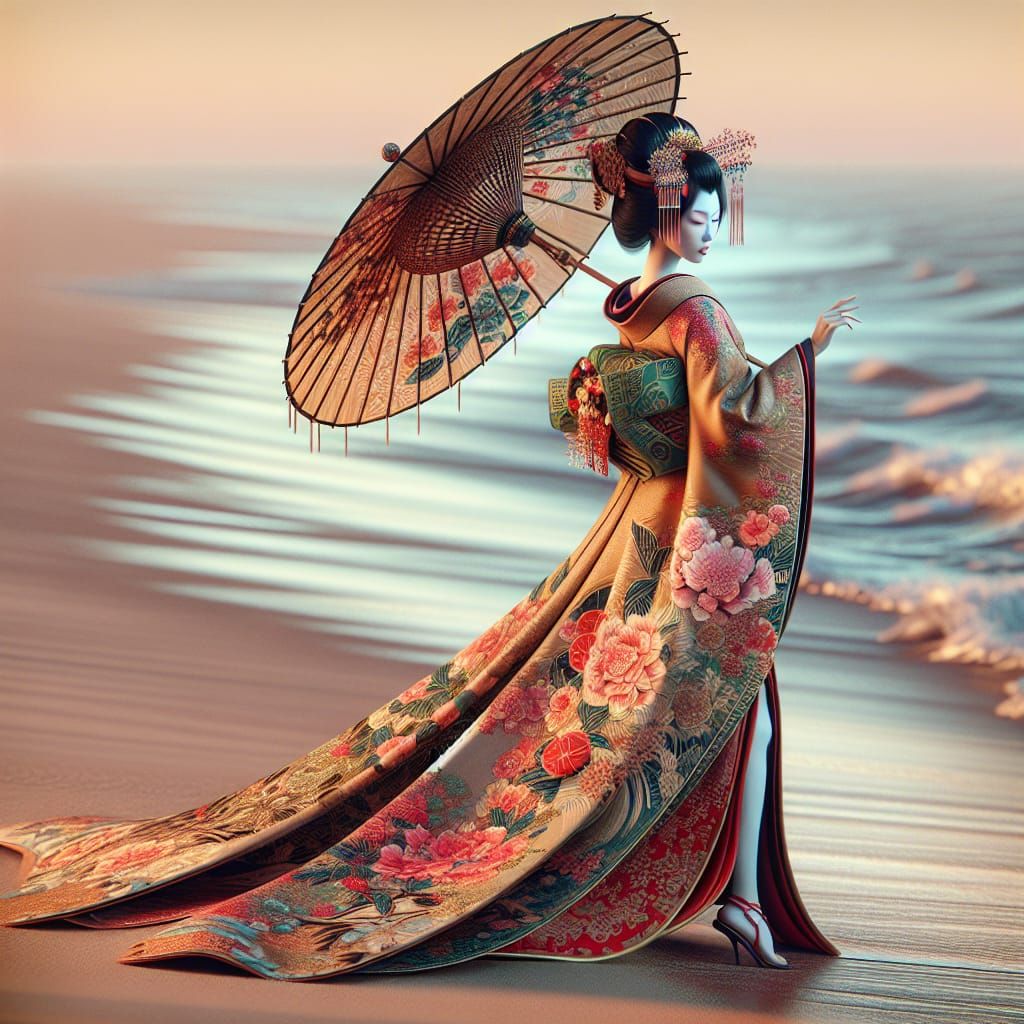 Geisha with Umbrella on Beach in Woodblock Style