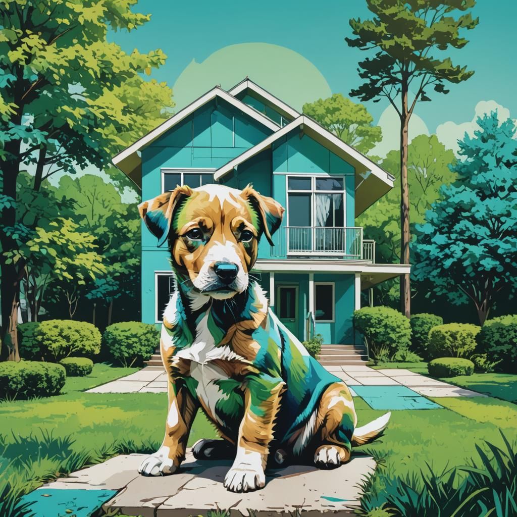 Baby dog, in front of a house, blue and green, trees
