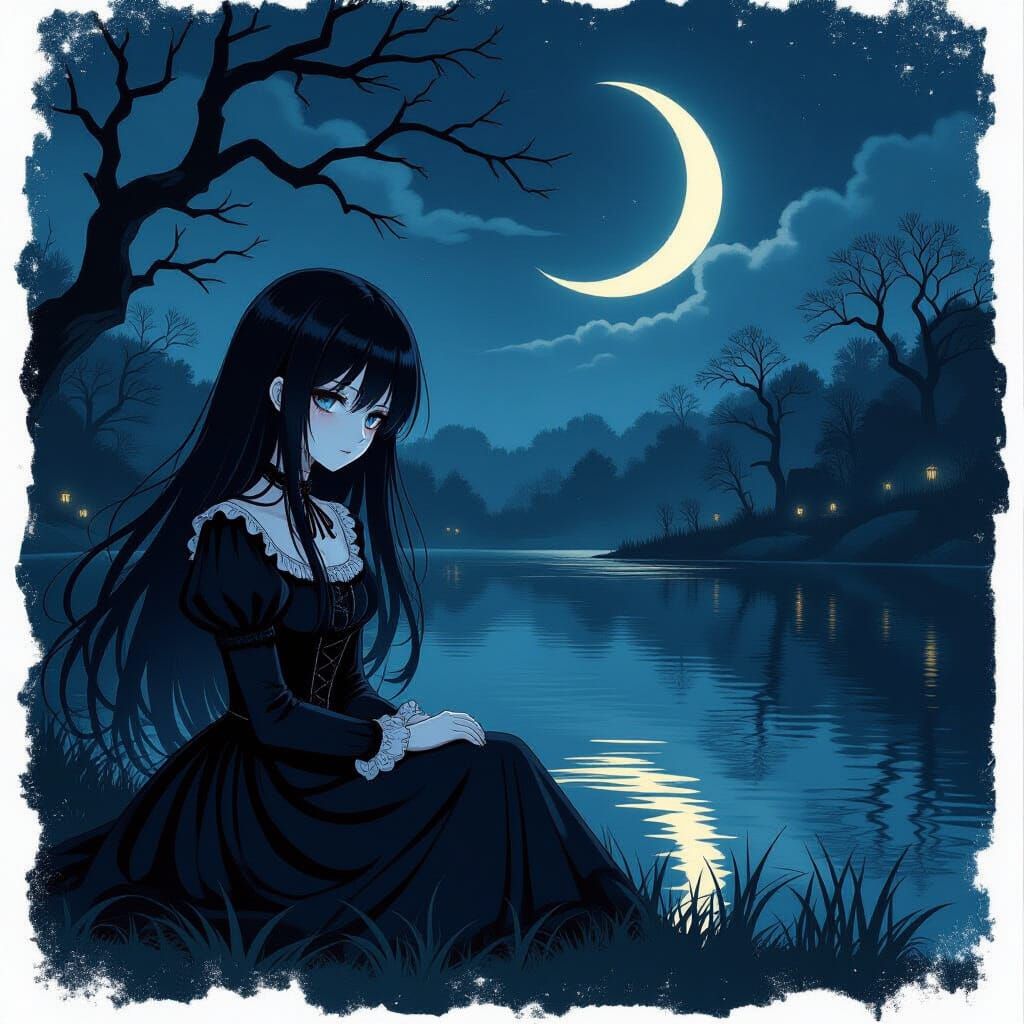 Gothic Anime Girl by Moonlit Lake in Caravaggio Style