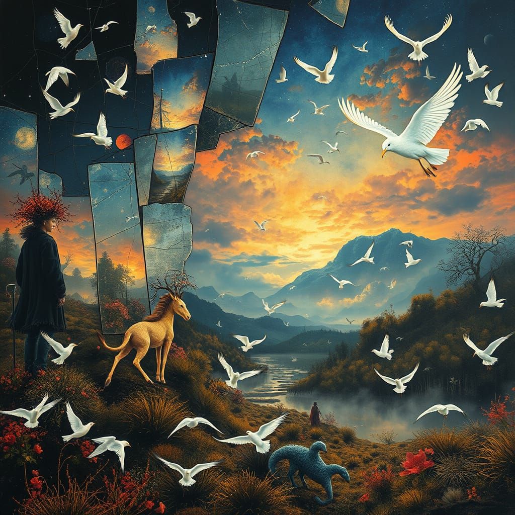 Surreal Dreamscape Collage with Mythical Creatures