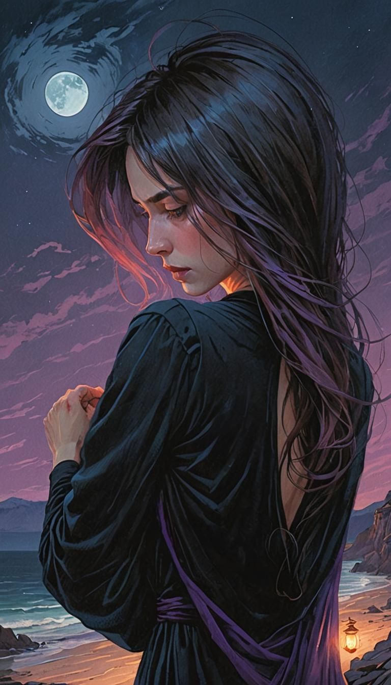 Mysterious Woman on Moonlit Cliff in Cinematic Style