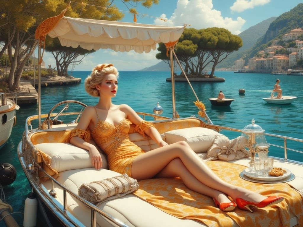 Elegant Woman on Riva Yacht off Capri, Rococo Style