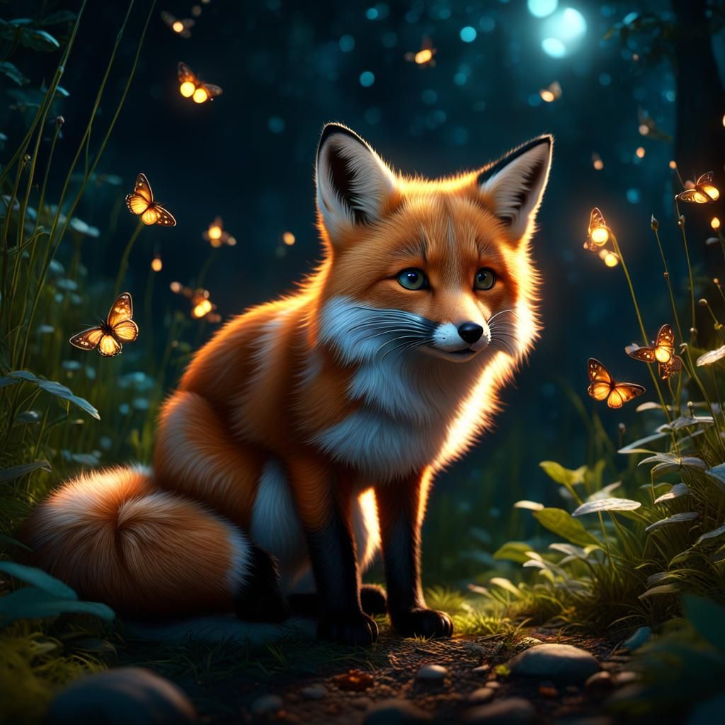 Adorable Fox-Cat Hybrid with Fireflies in 3D Animation