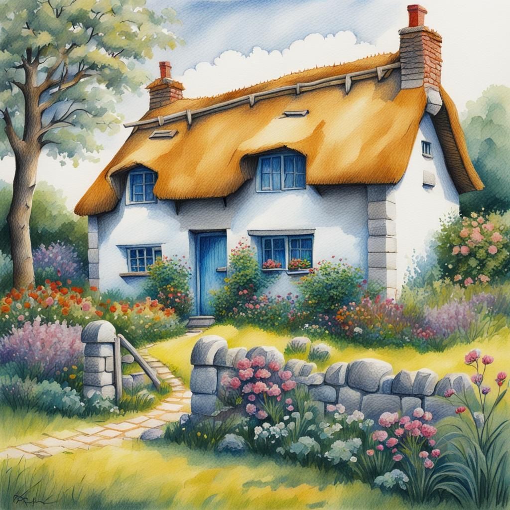 Charming Thatched Cottage in Colored-Pencil Style